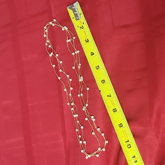 Beaded Sweater Necklace. Faux Pearl Beads. Delicate Gold Metallic Thread - Picture 7 of 8